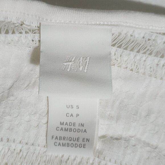 H&M Womens Yoke Lace Ruffle Top Ivory Jersey Short Sleeve Crew Neck Size S - Picture 7 of 11